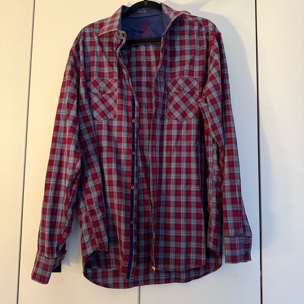 Make an offer! Bugatchi mens red Blue Plaid Button-Up Shirt size extra large